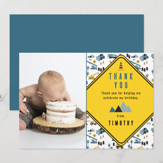 Tarjeta De Agradecimiento Camiones de Construcción Azules Foto de Sitio Fies (Anverso / Reverso)