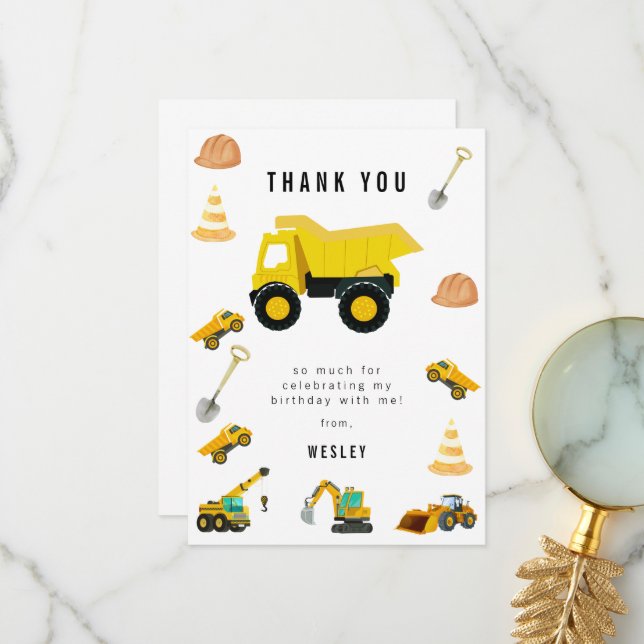 Tarjeta De Agradecimiento Camiones de Construcción Cumpleaños (Anverso/Reverso In Situ)