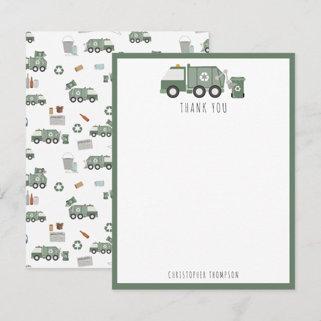 Tarjeta De Agradecimiento Camiones de Reciclaje Verdes Lindos Vehículos Nomb (Anverso / Reverso)