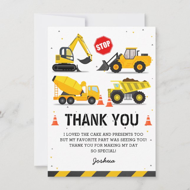 Tarjeta De Agradecimiento Camiones de Tema de Construcción Cumpleaños de Niñ (Anverso)