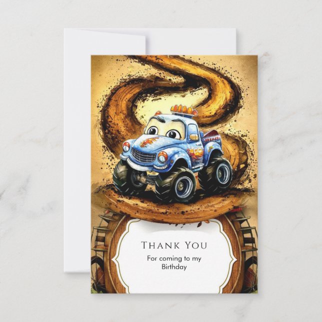 Tarjeta De Agradecimiento Camioneta Monstruo Cumpleaños Fantasía (Anverso)