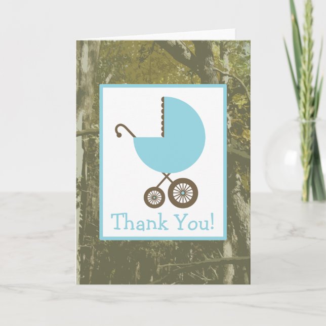 Tarjeta De Agradecimiento Camo y Blue Carriage Baby Shower Gracias (Anverso)