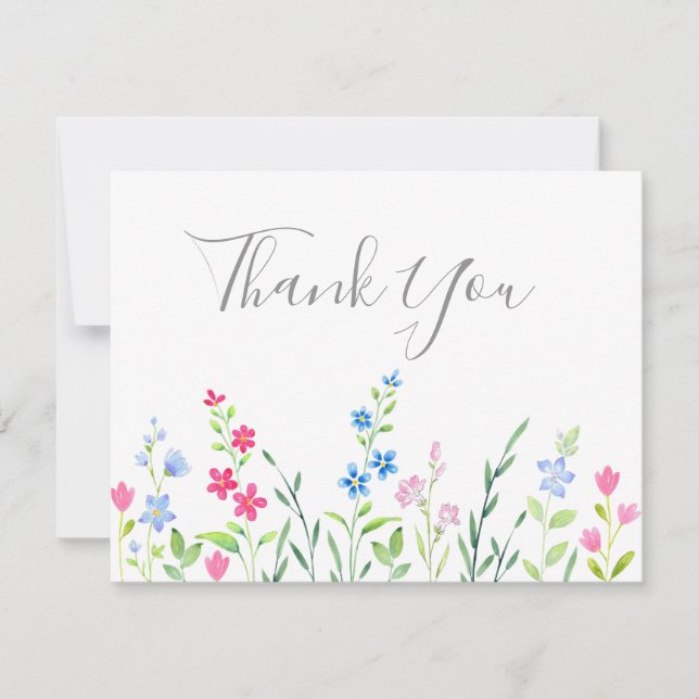 Tarjeta De Agradecimiento Campo de flores silvestres de acuarela mixta (Anverso)