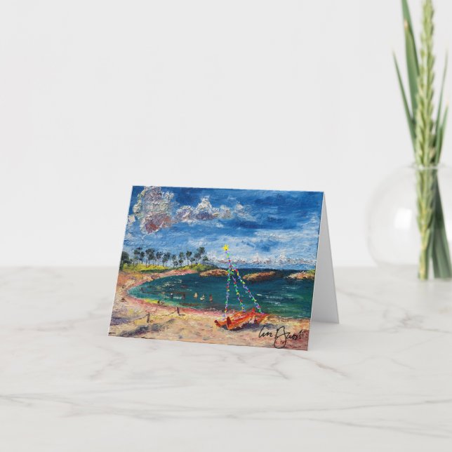 Tarjeta De Agradecimiento Canoa Aloha en blanco hawaiano con luces de Navida (Anverso)