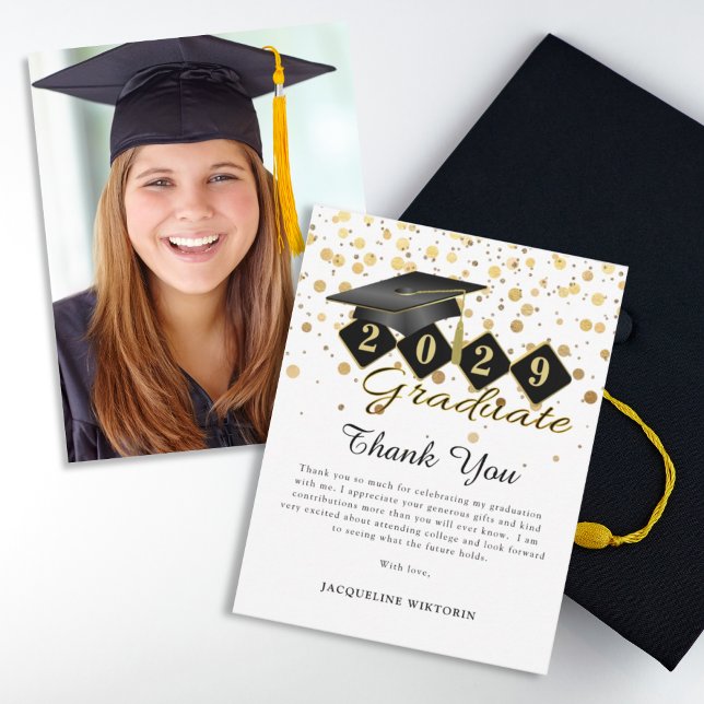 Tarjeta De Agradecimiento Capa de graduación clásica foto de oro negro (Classic Graduation Cap Black Gold Photo Thank You Card)