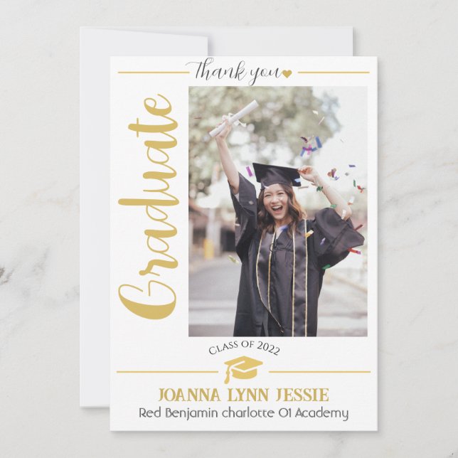 Tarjeta De Agradecimiento Capa de oro de graduación simple elegante Gracias  (Anverso)