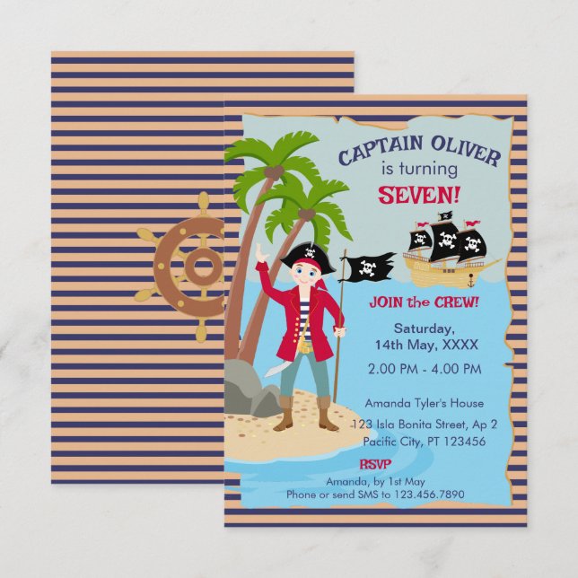 Tarjeta De Agradecimiento Capitán de la Fiesta de Cumpleaños del Barco Pirat (Anverso / Reverso)