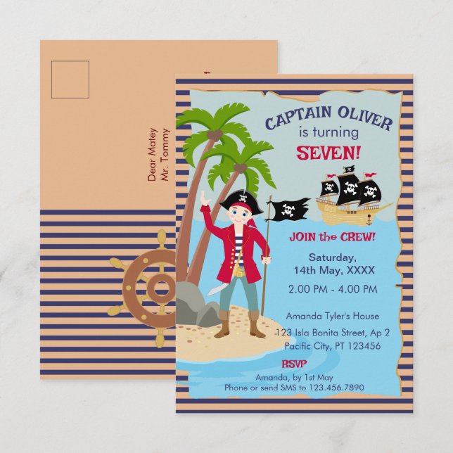Tarjeta De Agradecimiento Capitán de la Fiesta de Cumpleaños del Barco Pirat (Anverso / Reverso)