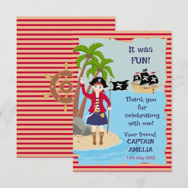 Tarjeta De Agradecimiento Capitán de la Fiesta de Cumpleaños del Barco Pirat (Anverso / Reverso)