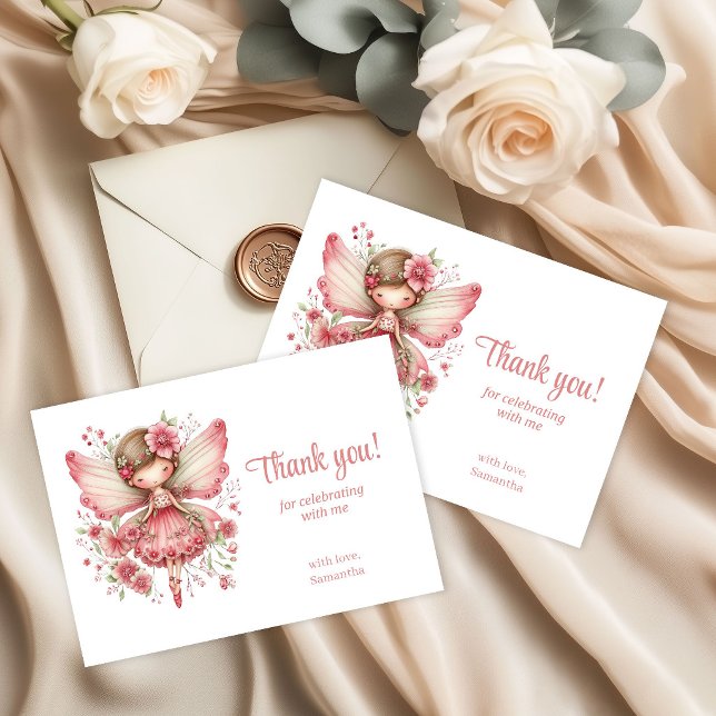 Tarjeta De Agradecimiento Capricho Flores de Hada Rosadas Lindas Cumpleaños  (Whimsy Cute Blush Fairy Flowers 7th Birthday Thank You Card)