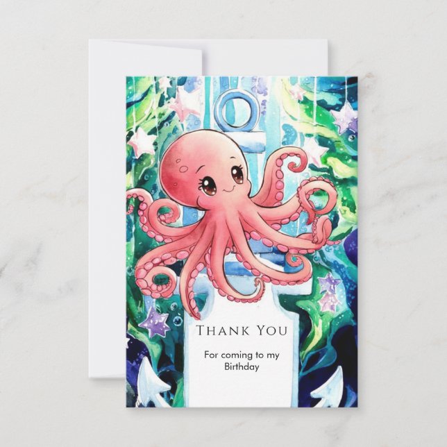 Tarjeta De Agradecimiento Caprichoso Pulpo de Cumpleaños Bajo el Mar (Anverso)