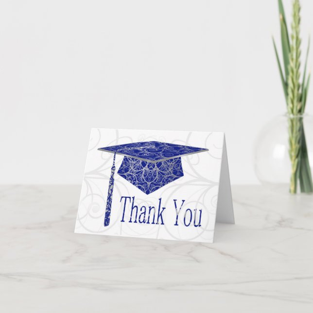 Tarjeta De Agradecimiento Capuchón floral azul y plateado (Anverso)