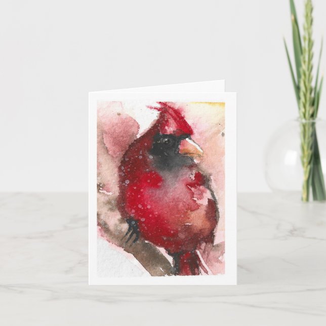 Tarjeta De Agradecimiento Cardenal en invierno, huella de acuarela suelta. (Anverso)