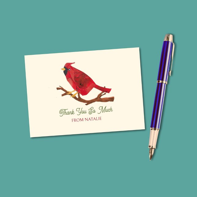 Tarjeta De Agradecimiento Cardenal Rojo Inspirado A Mediados Del Siglo, Ilus (This bright red cardinal is my own original art. Your personalization appears in retro typography.)