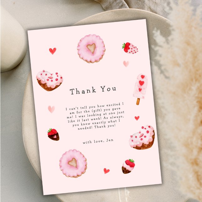 Tarjeta De Agradecimiento Cariño rosada no hace San Valentín Baby Shower (Pink Sweetheart Donuts Valentines Baby Shower Thank You Card)