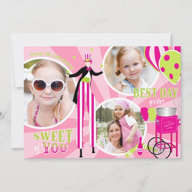 Tarjeta De Agradecimiento Carnaval caminante de zancos y algodón de azúcar a (Anverso)