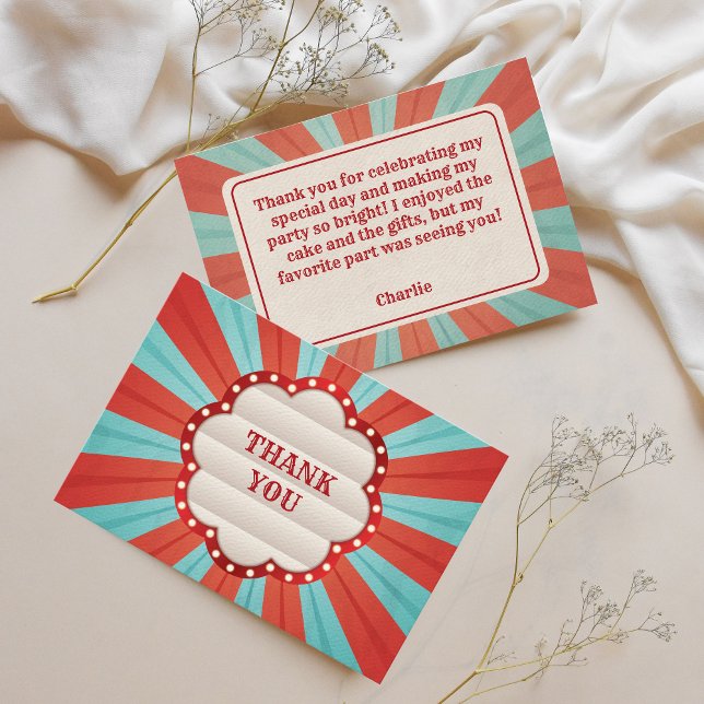 Tarjeta De Agradecimiento Carnaval de circo azul rojo cumpleaños blanco (Thank you Birthday Cards)