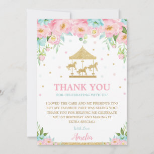 Tarjeta De Agradecimiento Carousel Merry Go Round Pink Mint Floral Cumpleaño