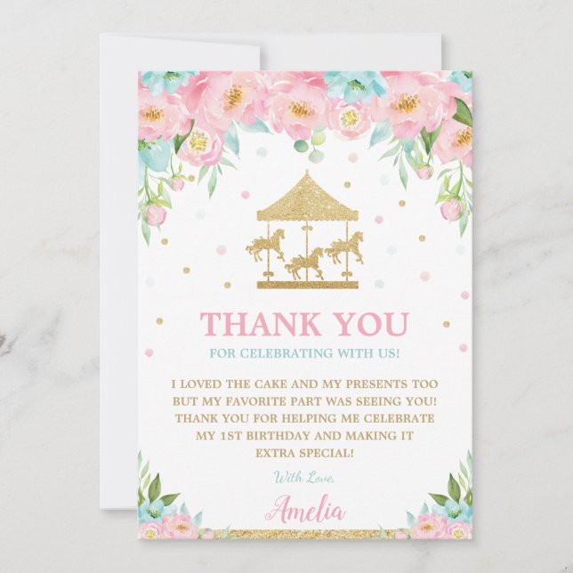 Tarjeta De Agradecimiento Carousel Merry Go Round Pink Mint Floral Cumpleaño (Anverso)