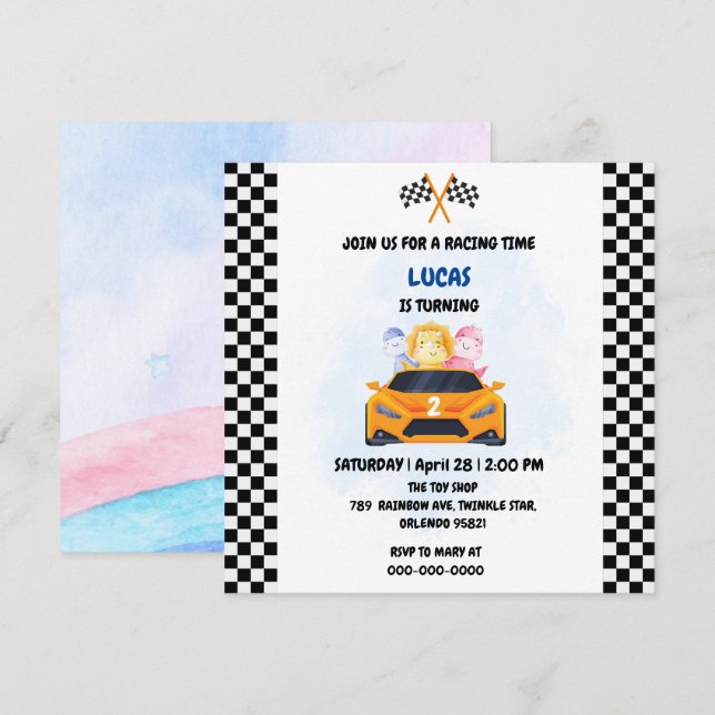 Tarjeta De Agradecimiento Carrera de dinosaurio de cumpleaños auto niño rojo (Anverso / Reverso)