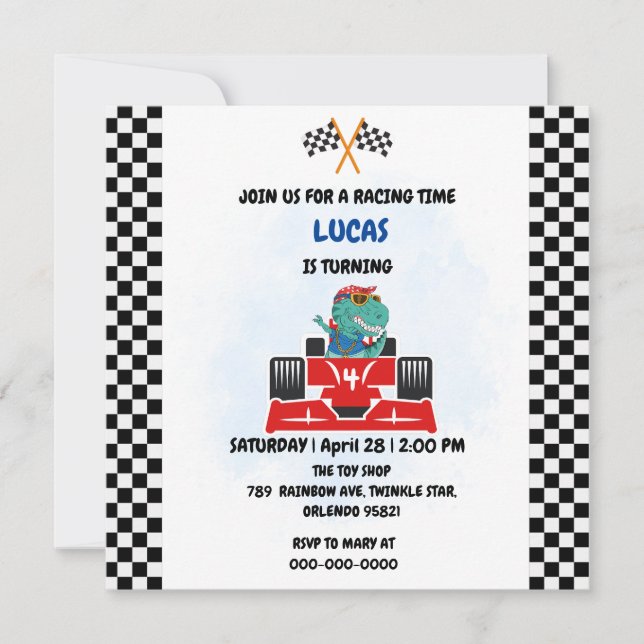 Tarjeta De Agradecimiento carrera de dinosaurios de cumpleaños niño coche ro (Anverso)