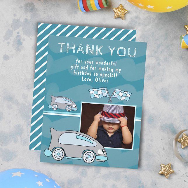 Tarjeta De Agradecimiento Carreras Car Finish Flags Blue Boy Photo Birday (Subido por el creador)