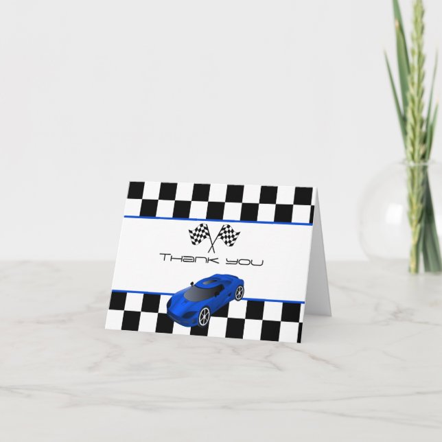 Tarjeta De Agradecimiento Carro de carreras azules | Niños Fiesta de cumplea (Anverso)