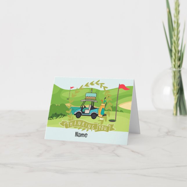 Tarjeta De Agradecimiento Carro de golf con cumpleaños con pastel para niños (Anverso)