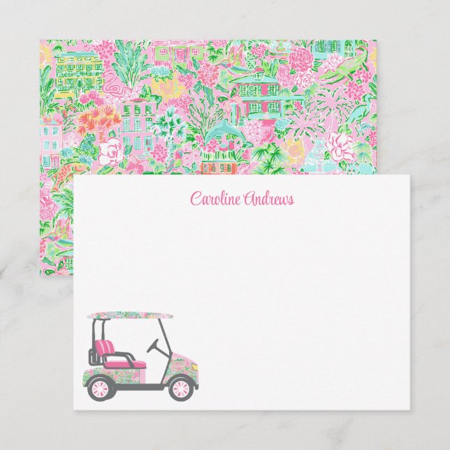 Tarjeta De Agradecimiento Carro de golf rosa y verde Palm Beach personalizad (Anverso / Reverso)