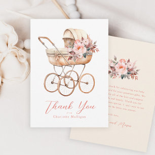Tarjeta De Agradecimiento Carruaje de Bebé Antiguo Rosa Floral Shower de Beb