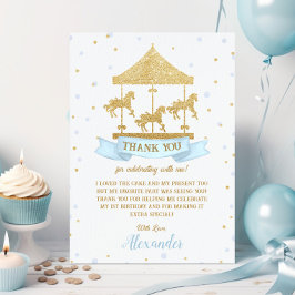 Tarjeta De Agradecimiento Carrusel Azul y Oro Niño 123 cumpleaños