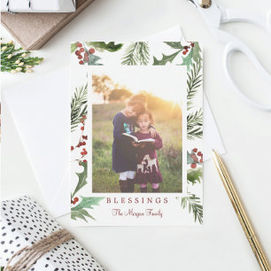 Tarjeta De Agradecimiento Cartas de fotos de navidad de Rustic Holly