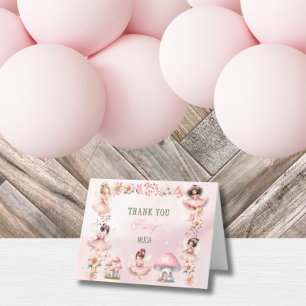 Tarjeta De Agradecimiento Casa de Hongo Hada Cumpleaños Rosa