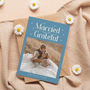 Tarjeta De Agradecimiento Casados y Agradecidos Foto de Boda Denim Azul