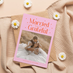 Tarjeta De Agradecimiento Casados y Agradecidos Foto de Boda Naranja Rosa