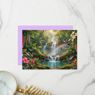 Tarjeta De Agradecimiento Cascadas Arcoíris Colibríes Paraiso Tropical