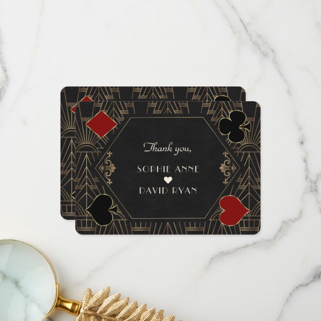 Tarjeta De Agradecimiento Casino Gold Black Art Deco Gatsby 20s Wedding (Anverso/Reverso In Situ)