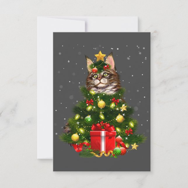 Tarjeta De Agradecimiento Cat Maine Coon Cat Xmas Tree enciende a Gato Lover (Anverso)