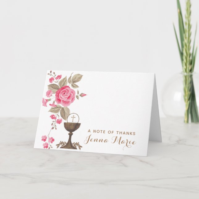 Tarjeta De Agradecimiento Católica Primera Santa Comunión Floral Religiosa (Anverso)