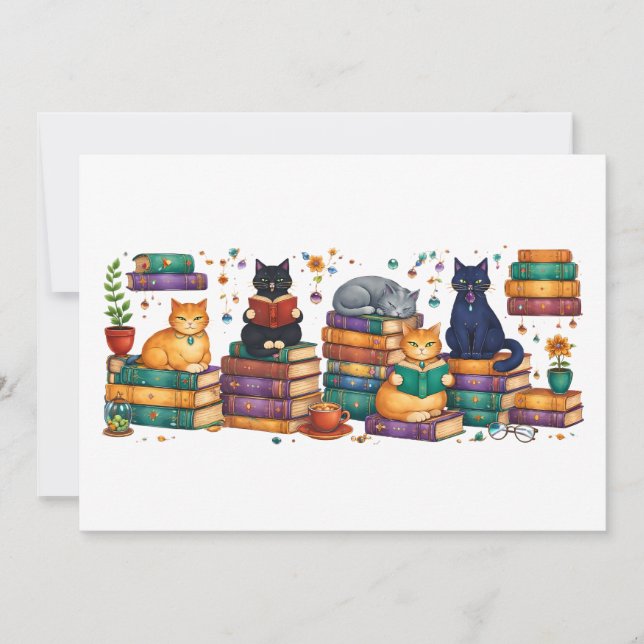 Tarjeta De Agradecimiento Cats Reading Books Cozy Library Scene (Anverso)