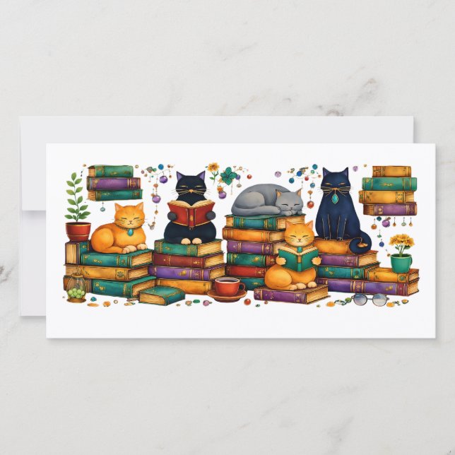 Tarjeta De Agradecimiento Cats Reading Books Cozy Library Scene (Anverso)