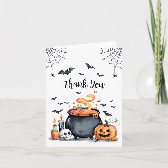 Tarjeta De Agradecimiento Cauldron Baby Shower de moda de Halloween Spooky (Anverso)