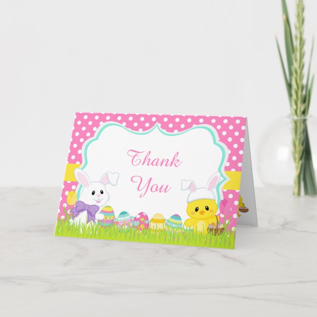 Tarjeta De Agradecimiento Caza de huevos de pascua rosa y dulce (Anverso)