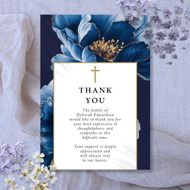 Tarjeta De Agradecimiento Celebración Azul De La Vida De Funeral De La Marin (Christian Navy Blue Celebration Of Life Funeral Thank You Card)