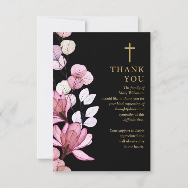 Tarjeta De Agradecimiento Celebración Cristiana de Funeral de Flores Rosas (Anverso)