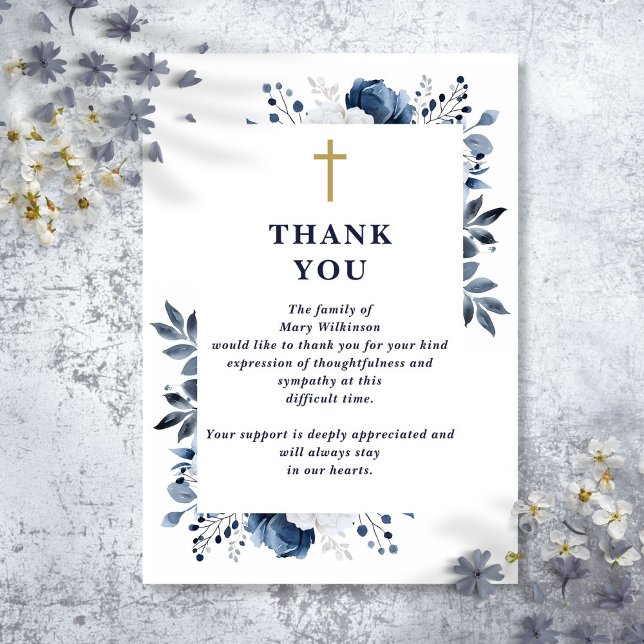 Tarjeta De Agradecimiento Celebración Cristiana de Funeral de Vida Floral Az (Blue Floral Christian Celebration Of Life Funeral Thank You Card)