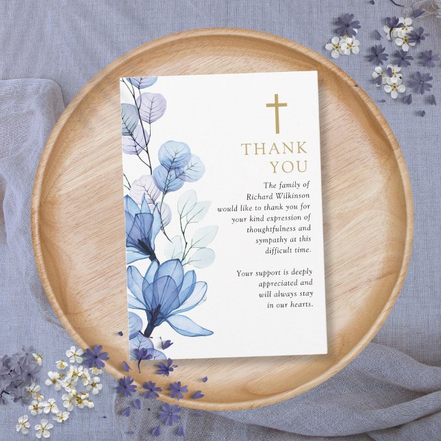 Tarjeta De Agradecimiento Celebración Cristiana Floral Azul Del Funeral De L (Blue Floral Christian Celebration Of Life Funeral Thank You Card)