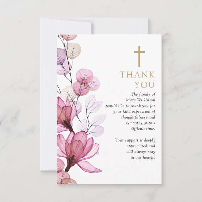 Tarjeta De Agradecimiento Celebración Cristiana Floral Rosa Del Funeral De L (Anverso)