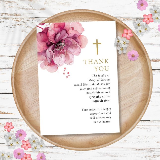 Tarjeta De Agradecimiento Celebración Cristiana Floral Rosa Del Funeral De L (Pink Floral Christian Celebration Of Life Funeral Thank You Card)
