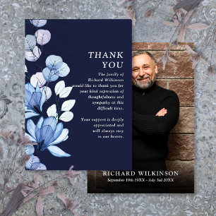 Tarjeta De Agradecimiento Celebración de la vida conmemorativa floral azul F